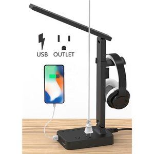 LED Desk Lamp with Headphone Stand, Desk Light with USB Charging Port + Outlet